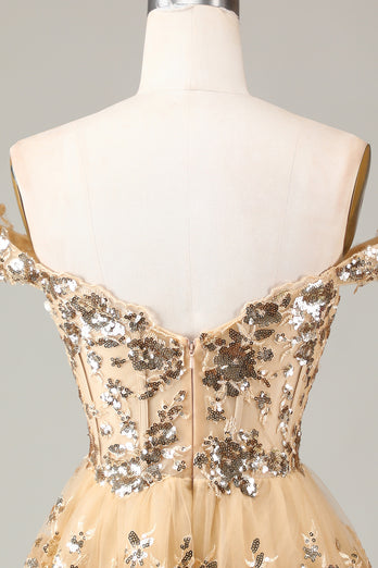 Sparkly Golden A Line Off the Shoulder Corset Homecoming Dress with Tiered Lace