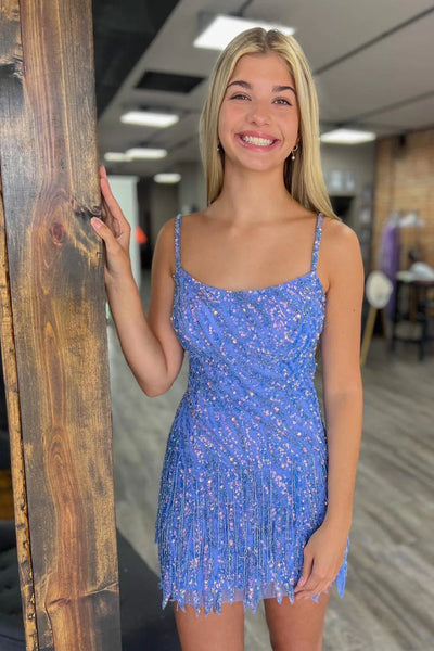 Blue Sparkly Sequined Tight Short Homecoming Dress with Fringes