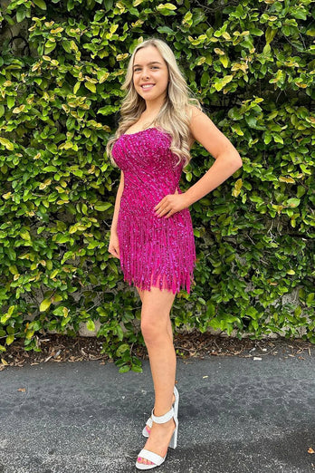 Sparkly Hot Pink Sequined Bodycon Homecoming Dress with Fringes