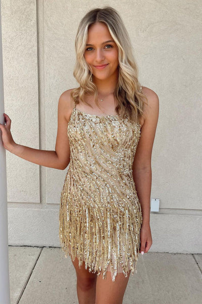 Sparkly Sequined Gold Tight Short Homecoming Dress with Fringes