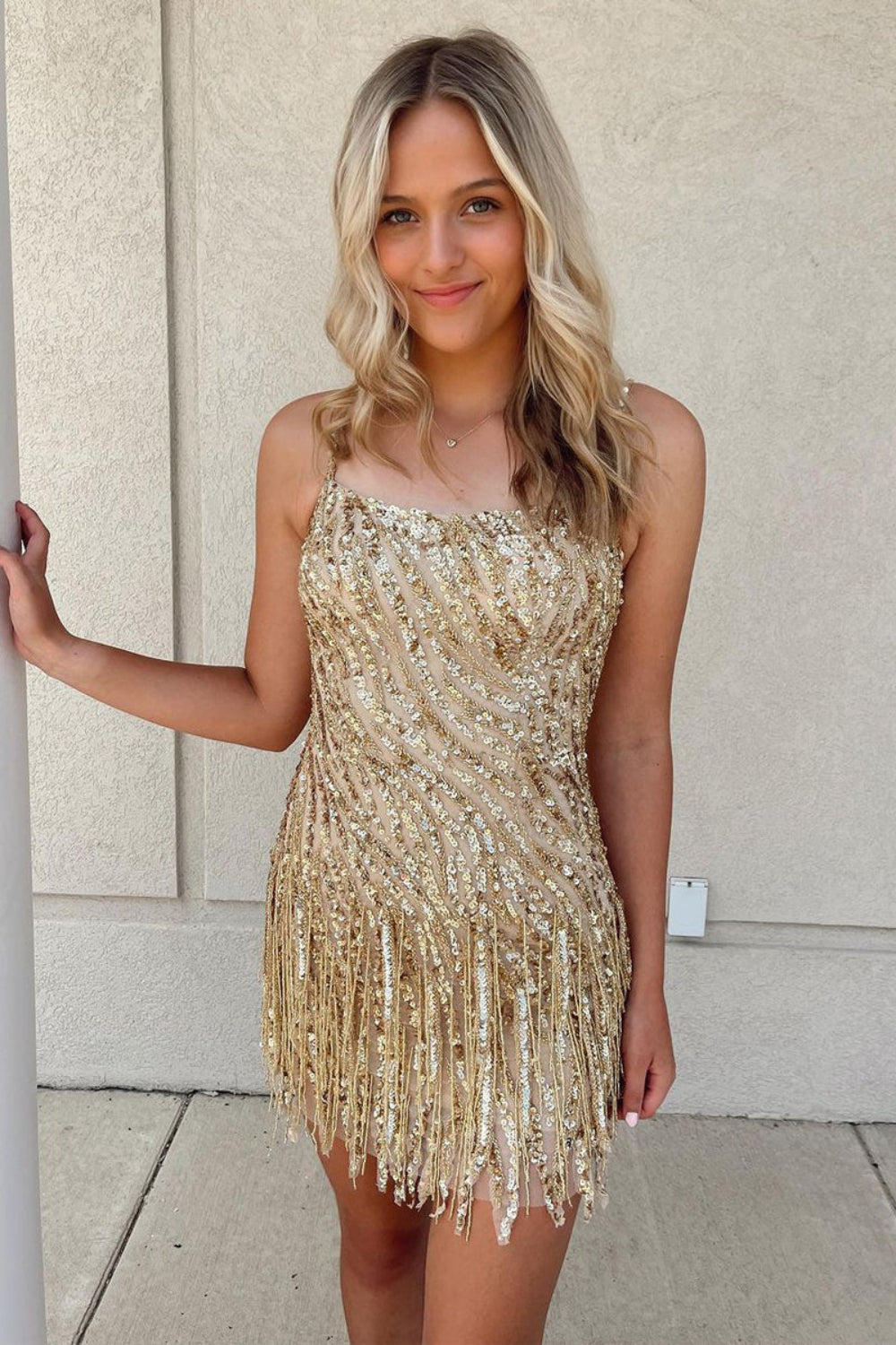 Sparkly Sequined Gold Tight Short Homecoming Dress with Fringes