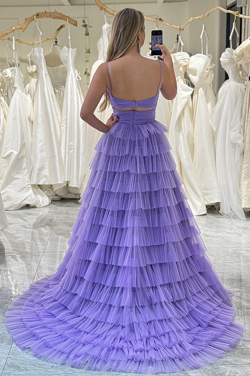 Load image into Gallery viewer, Purple A Line Cut Out Sweetheart Tiered Long Prom Dress With Slit