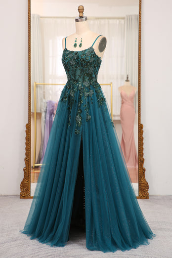 Dark Green A Line Appliqued Long Prom Dress With Slit