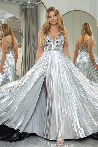 Glitter Silver Backless Long Mirror Prom Dress