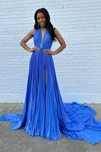 Glitter Blue Pleated Metallic Long Prom Dress with Slit