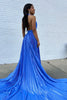 Load image into Gallery viewer, Glitter Blue Pleated Metallic Long Prom Dress with Slit