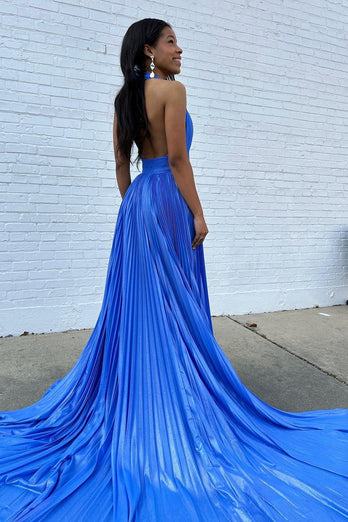 Glitter Blue Pleated Metallic Long Prom Dress with Slit