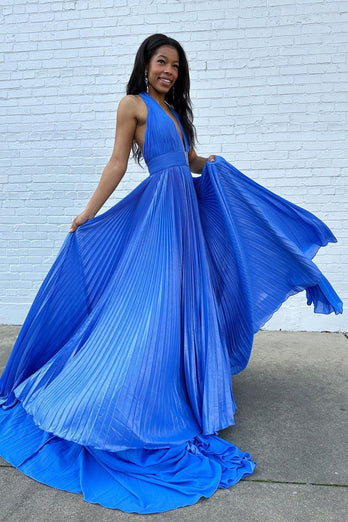 Glitter Blue Pleated Metallic Long Prom Dress with Slit