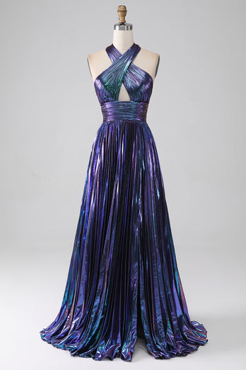 Sparkly Purple Halter A Line Prom Dress with Pleated