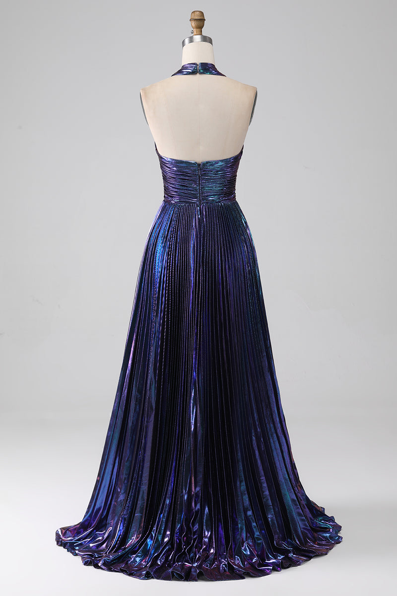 Load image into Gallery viewer, Sparkly Purple Halter A Line Prom Dress with Pleated