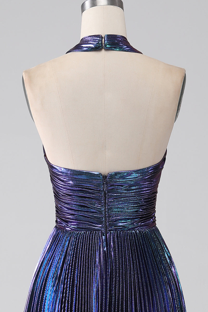 Load image into Gallery viewer, Sparkly Purple Halter A Line Prom Dress with Pleated