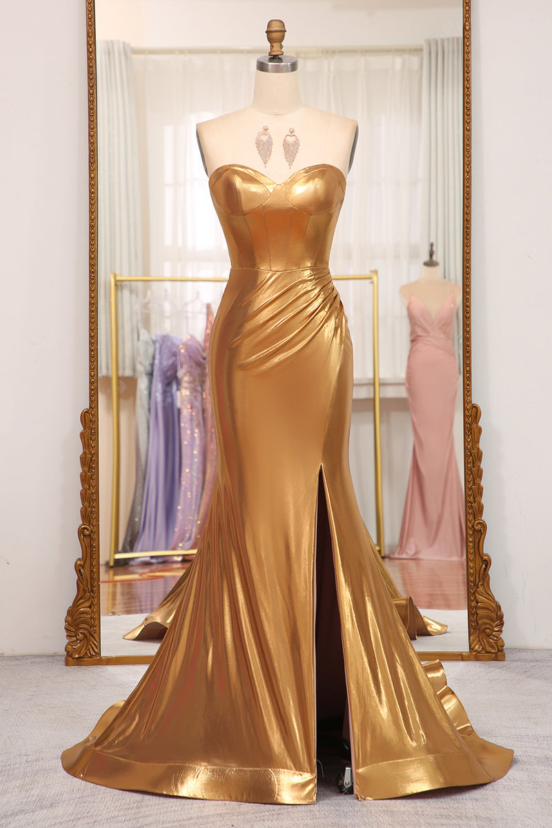 Load image into Gallery viewer, Shiny Golden Mermaid Sweetheart Long Prom Dress With Slit