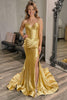 Load image into Gallery viewer, Gold Mermaid Satin Strapless Corset Long Prom Dress with Slit