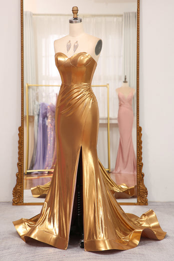 Shiny Golden Mermaid Sweetheart Long Prom Dress With Slit