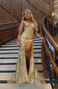 Load image into Gallery viewer, Off The Shoulder Golden Sparkly Mermaid Corset Prom Dress with Slit