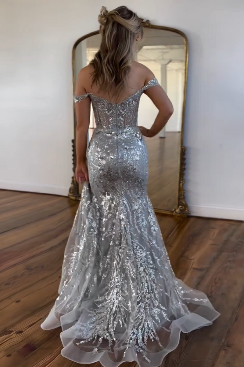 Load image into Gallery viewer, Off The Shoulder Golden Sparkly Mermaid Corset Prom Dress with Slit