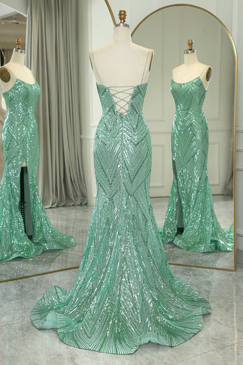 Sparkly Green Mermaid Long Prom Dress With Slit