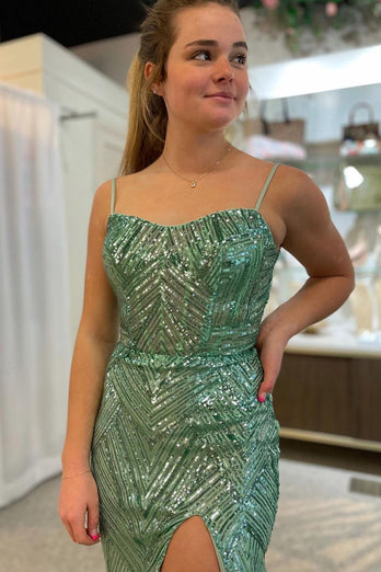 Green Mermaid Spaghrtti Straps Sparkly Long Prom Dress with Slit