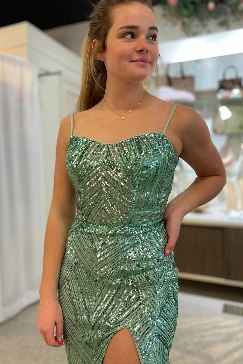 Load image into Gallery viewer, Green Mermaid Spaghrtti Straps Sparkly Long Prom Dress with Slit