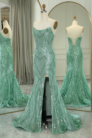 Sparkly Green Mermaid Long Prom Dress With Slit