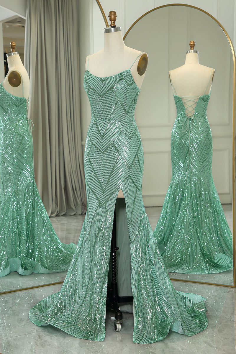 Load image into Gallery viewer, Sparkly Green Mermaid Long Prom Dress With Slit