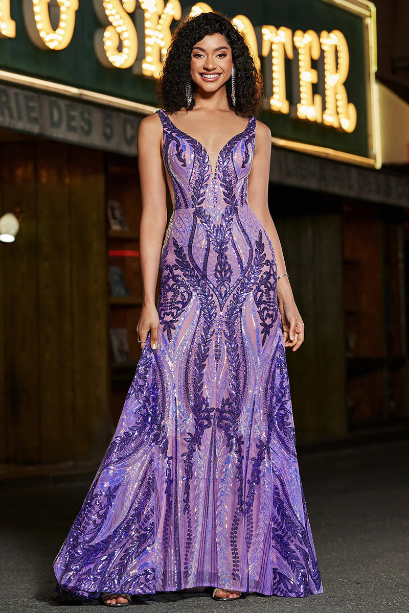 Load image into Gallery viewer, Dark Purple Mermaid V Neck Sequins Long Prom Dress