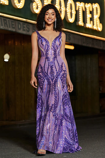 Dark Purple Mermaid V Neck Sequins Long Prom Dress