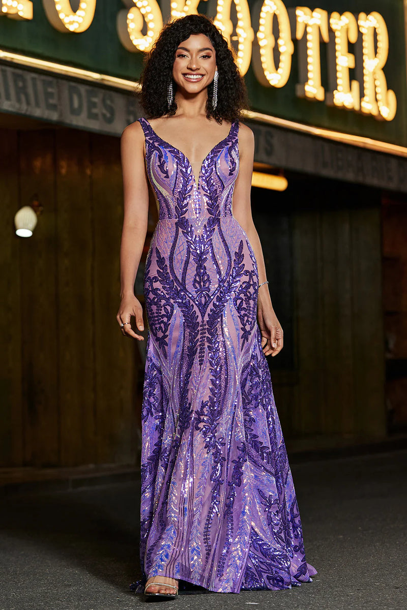 Load image into Gallery viewer, Dark Purple Mermaid V Neck Sequins Long Prom Dress