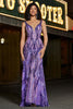 Load image into Gallery viewer, Dark Purple Mermaid V Neck Sequins Long Prom Dress