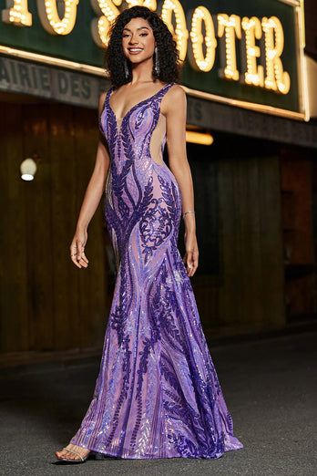 Dark Purple Mermaid V Neck Sequins Long Prom Dress