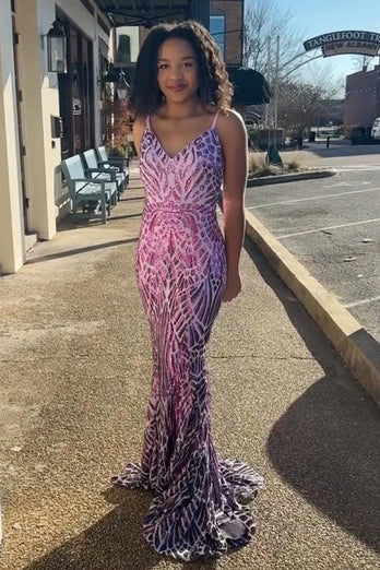 Mermaid Purple Backless Glitter Long Prom Dress With Sequined Embroidery