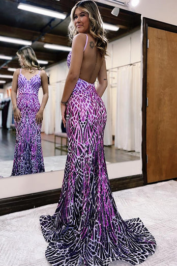 Glitter Purple Mermaid Backless Long Prom Dress With Sequined Embroidery