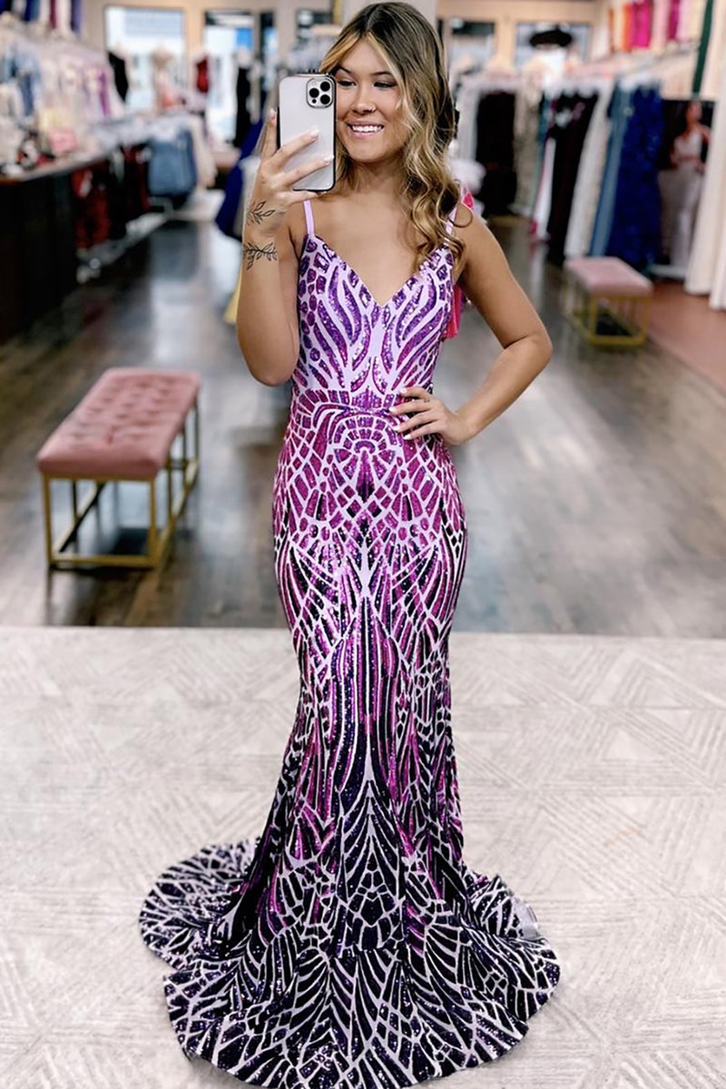 Load image into Gallery viewer, Glitter Purple Mermaid Backless Long Prom Dress With Sequined Embroidery