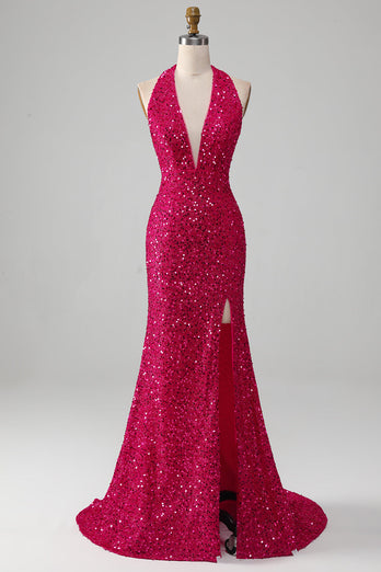 Fuchsia Mermaid Halter Sequin Prom Dress With Slit