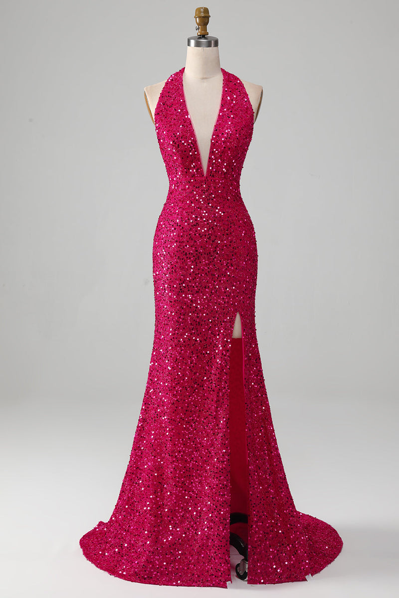 Load image into Gallery viewer, Fuchsia Mermaid Halter Sequin Prom Dress With Slit