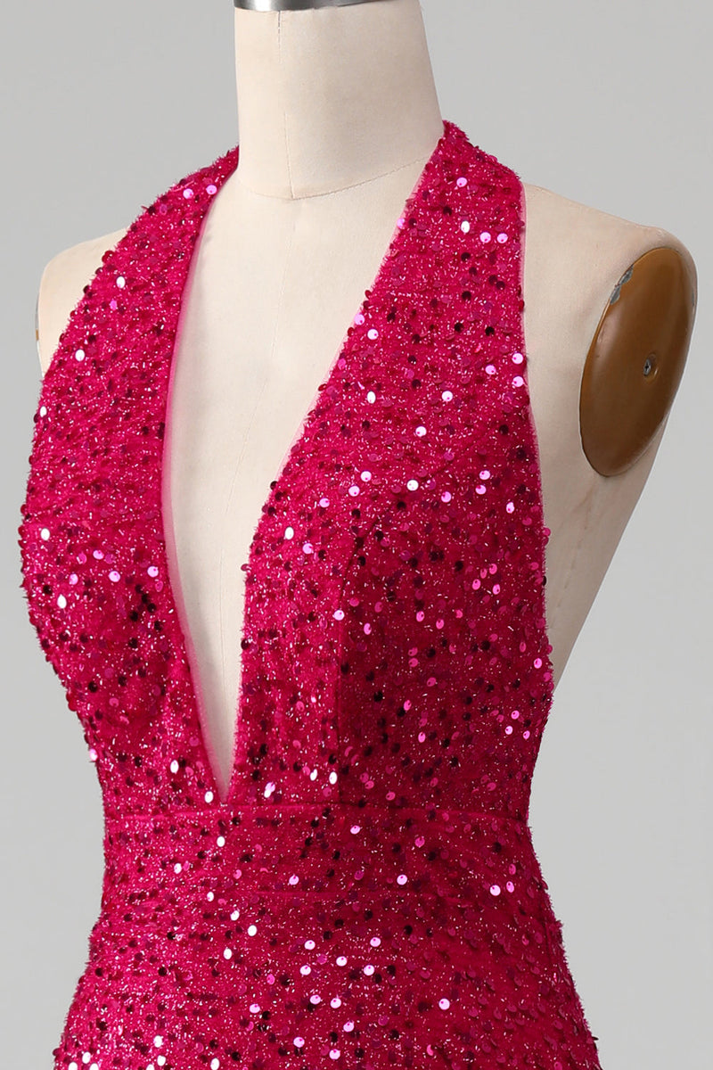 Load image into Gallery viewer, Fuchsia Mermaid Halter Sequin Prom Dress With Slit