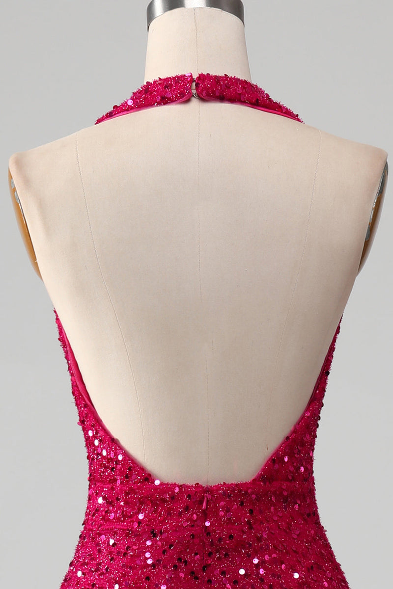 Load image into Gallery viewer, Fuchsia Mermaid Halter Sequin Prom Dress With Slit