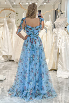 Convertible Blue A Line Tulle Long Prom Dress With Prints