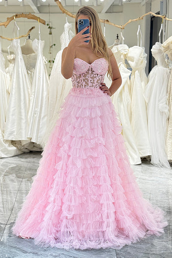 A Line Coral Sweetheart Tiered Long Corset Prom Dress