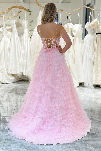 A Line Coral Sweetheart Tiered Long Corset Prom Dress