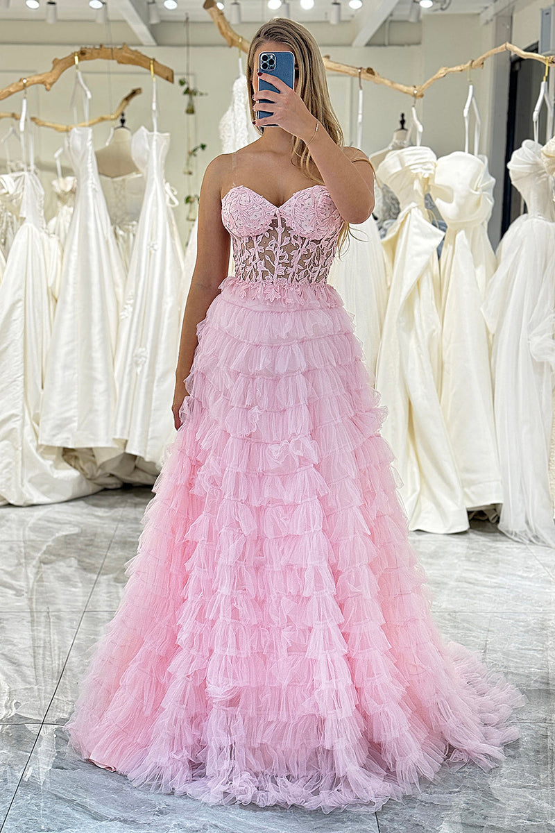 Load image into Gallery viewer, A Line Coral Sweetheart Tiered Long Corset Prom Dress