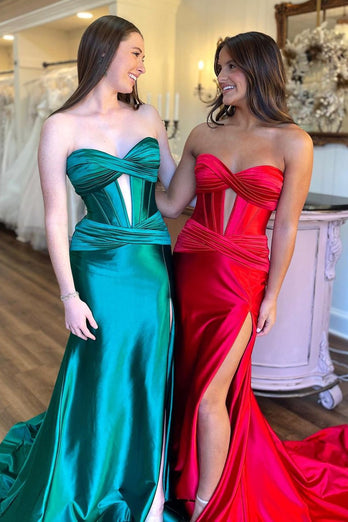 Dark Green Mermaid Corset Satin Strapless Long Prom Dress with Slit