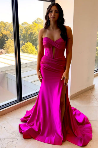 Fuchsia Mermaid Sweetheart Hollow Out Sweep Train Prom Dress with Slit