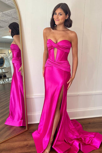 Dark Green Mermaid Corset Satin Strapless Long Prom Dress with Slit