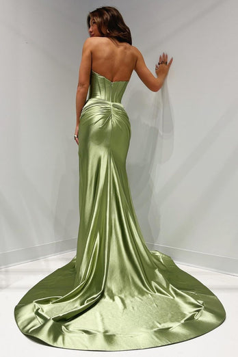 Dark Green Mermaid Corset Satin Strapless Long Prom Dress with Slit