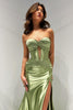 Load image into Gallery viewer, Dark Green Mermaid Corset Satin Strapless Long Prom Dress with Slit