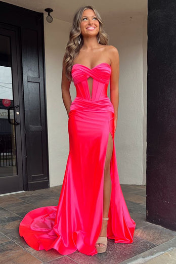 Fuchsia Mermaid Sweetheart Hollow Out Sweep Train Prom Dress with Slit