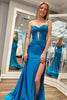 Load image into Gallery viewer, Dark Green Mermaid Corset Satin Strapless Long Prom Dress with Slit