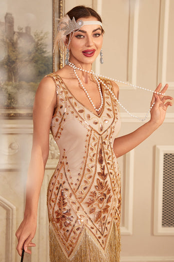 Sparkly Apricot Gatsby U-neck Fringe 1920s Dress with Sequins