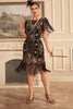 Load image into Gallery viewer, Black Golden Round Neck Sheath 1920s Sequin Fringe Dress with Sleeves